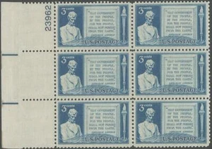 Plate Block of 6 stamps - Scott 978 - 3 cent - Gettysburg Address - 1948 - MNH - Picture 1 of 1
