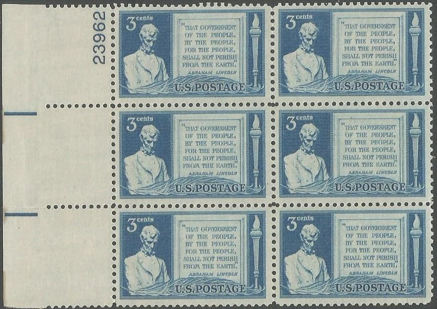 Plate Block of 6 stamps - Scott 978 - 3 cent - Gettysburg Address - 1948 - MNH - Image 1 of 1