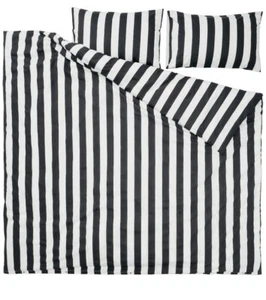 SLÅNHÖSTMAL Copripiumino e 2 federe, nero/bianco/a righe, 240x220/50x80 cm - Foto 1 di 5