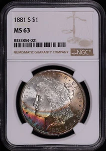 1881-S Morgan Dollar NGC MS-63 - Rainbow Obverse End of Roll Toning! - Picture 1 of 3