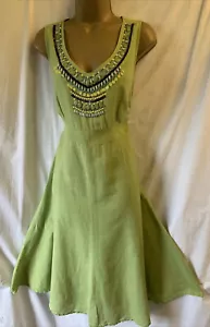 M&S Per Una Apple Green Linen Cotton Size 14 Beaded Midi Flare Sleeveless Dress - Picture 1 of 11