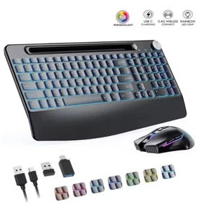Wireless Keyboard Mouse Combo with Wrist Rest, RGB Backlit, Silent Rechargeable - Picture 1 of 7