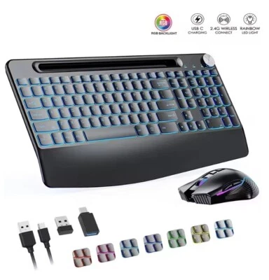 Wireless Keyboard Mouse Combo with Wrist Rest, RGB Backlit, Silent Rechargeable - Image 1 of 4