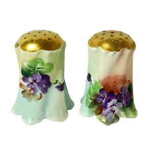 VTG Floral Salt Pepper Shakers Porcelain Bavarian Gold Top Skirted Base Violets - Picture 1 of 7