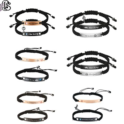2pcs Couple Men Women Braided Rope Bracelet His Queen Her King Bangle Adjustable - Image 1 of 4