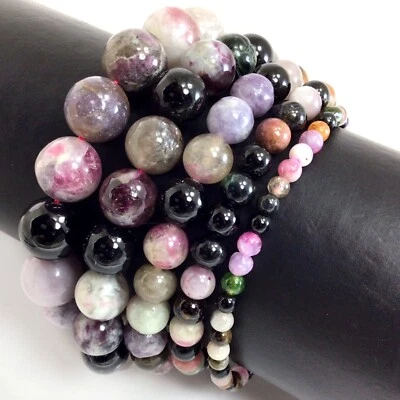 Handmade Natural Tourmaline Stretch Bracelet Round Bead 4 6 8 10 12Gemstone 7.5" - Image 1 of 4