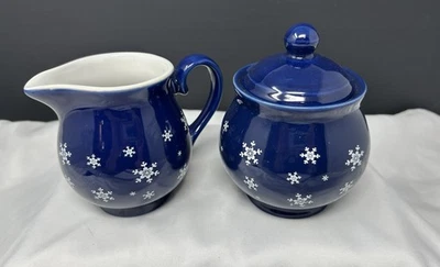 Papal Giftware Nieve Crema Azúcar Set Cobalto Blanco Invierno Navidad Copo de Nieve Foto 1 de 4