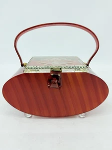 Vintage 1950’s Patricia Of Miami Red Orange Striped Oval Lucite Purse Rhinestone - Picture 1 of 24