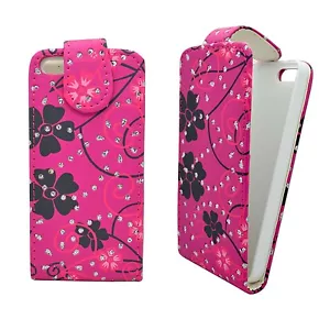 CASE FOR APPLE IPHONE 5 5S FLIP PINK BLACK FLOWER SWIRL GLITTER PHONE COVER - Picture 1 of 6