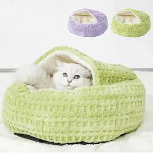 Plush Hooded Cat Bed Calming Nest Self-Warming Cave Cozy Pod for Indoor Cats - Picture 1 of 18