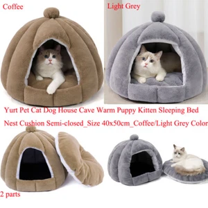 Dome Pet Bed House w/ Removable Washable Cushioned Pillow Coffee/Grey 15x19 inch - Picture 1 of 14