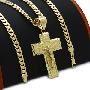 Men's 18k Gold Plated JESUS CROSS (L) Hip-Hop Pendant 6mm Cuban Chain Necklace - Picture 1 of 7