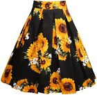 Girstunm Women's Pleated Vintage Skirt Floral Print A-line Midi Skirts with Pock