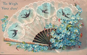 JOY POSTCARD Bluebirds, Blue Flowers, Blue Fan, "To Wish You Joy" Unposted - Bild 1 von 2