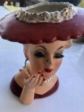 Vintage 1950's  Lady Head Vase Planter With Earrings, Necklace and Beauty Mark
