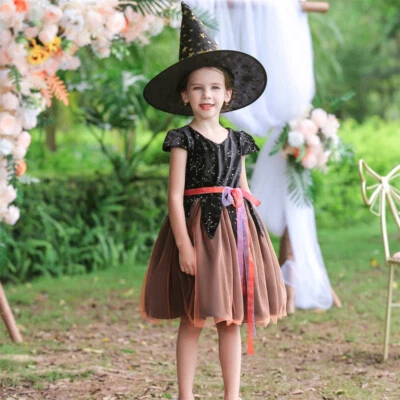 Niñas Halloween Bruja Disfraz Fiesta Juegos con disfraces Vestido Elegante Niños Bruja Sombrero Trajes Foto 1 de 4