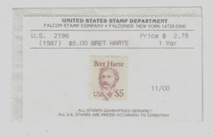 1987 BRET HARTE $5 U.S. STAMP PARTIAL CANCEL MARK - Picture 1 of 1