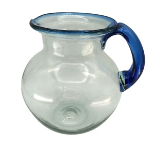 Vintage Mexican Hand Blown heavy Glass Water Pitcher Cobalt Blue Rim 8”T by 10"W - Picture 1 of 9