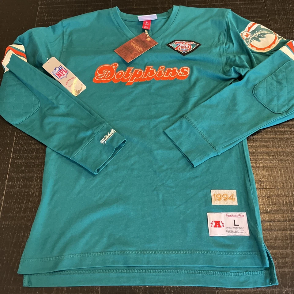 Mitchell & Ness Equipo NFL Inspirado Manga Larga Miami Dolphins Nuevo Con Etiquetas Niños Talla L Foto 1 de 4