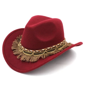 Women Western Cowboy Hat Cowgirl Costume Cap Wool Wide Brim Tassel Braided Band - Picture 1 of 24