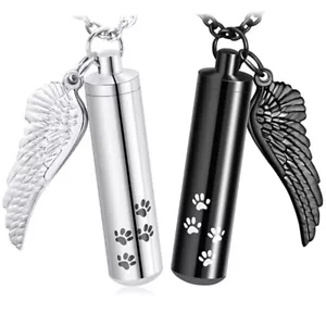 Black/Silver Steel Dog Wing Pet Cremation Urn Ashes Keepsake Pendent Necklace - Picture 1 of 8