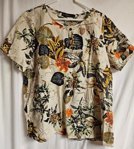 WOMENS XXL ZANZEA BLOUSE 100% COTTON BEIEGE / MULTICOLOR FLORAL LEAF PRINT - Picture 1 of 5