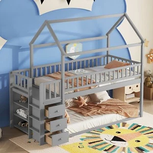 Twin Over Twin House Bunk Bed for Kids Floor Low Bunk Beds +Shelves/Drawers Gray - Picture 1 of 10