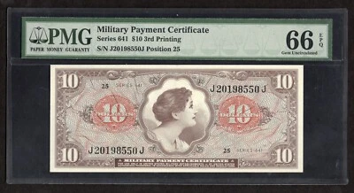 Série 641 $10 Terceira Impressão Certificado de Pagamento Militar - PMG 66 EPQ - Imagem 1 de 2