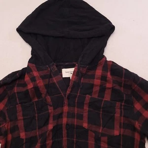 Modern Amusement Casual Button Up Long Sleeve Hoodie Mens Size M Red Black Plaid - Picture 1 of 11