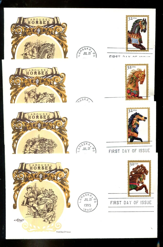 US FDC # 2976-2979 32c Carousel Horses Artmaster 4 FDC's  1995, 9p3328 - Image 1 of 1