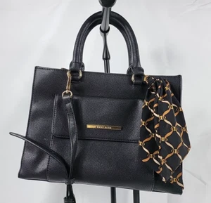 Anne Klein schwarz genarbtes Leder Handtasche Handtasche Umhängetasche Seidentuch Akzent - Bild 1 von 12