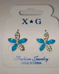 Orecchini lobo fiore a 5 petali Colore Argento E Azzurro Con Strass X G 0097 - Foto 1 di 2