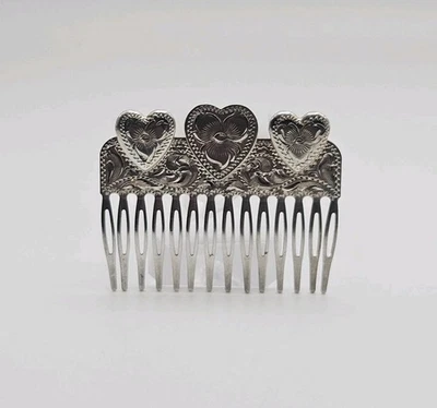 Peine de pelo de corazón grabado vintage de plata de ley Foto 1 de 4