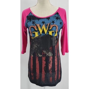 Girls With Guns Top Womens Large Rhinestone Flag Bear Raglan Sleeve Black Pink - Picture 1 of 9