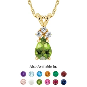 14K Yellow Gold 7x5mm Pear Shape Natural Peridot Diamond Accent Pendant Necklace - Picture 1 of 4