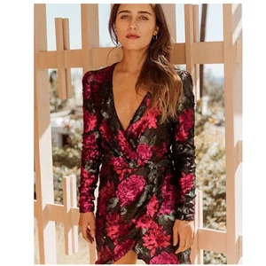 Anthropologie SAYLOR Minikleid XS Blumen Pailletten Langarm Romantisch Date Glam - Bild 1 von 15