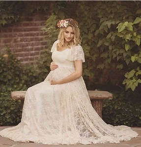 Spitzen Overlay Kleid Umstand Rüschen kurze Glockenärmel langes Bauernkleid - Bild 1 von 8