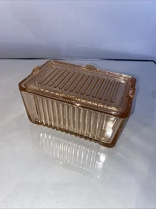 Federal Pink Medium Depression Glass Ribbed Refrigerator Dish w/Lid  5.5”x3.5” - Picture 1 of 6