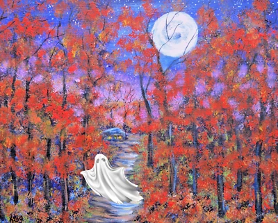 ACEO Halloween Ghost In The Woods (2.5" x 3.5") Firmado por Artista-Luna Llena Foto 1 de 4