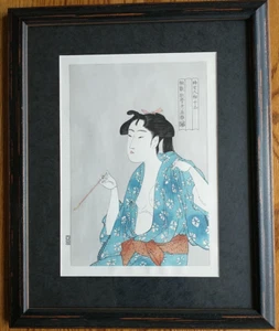 Kitagawa Utamaro Ukiyo-e Perlglanz Holzschnitt Rauchen Schönheit gerahmt 15x19 - Bild 1 von 5