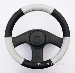 Lenkradbezug Echtes Leder HELLGRAU-SCHWARZ Lenkradhülle Lenkradschoner / Ø 37-39 - Bild 1 von 4