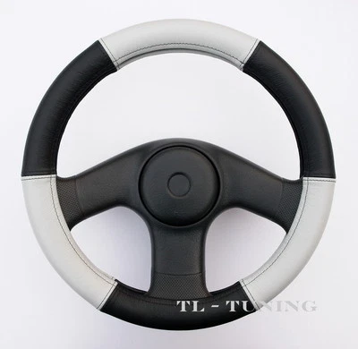 Lenkradbezug Echtes Leder HELLGRAU-SCHWARZ Lenkradhülle Lenkradschoner / Ø 37-39 - Bild 1 von 4
