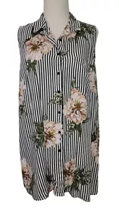 Sleeveless Floral & Stripe Button Down Blouse Collared Tunic XL By Live 4 Truth - Picture 1 of 12