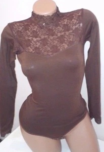 lady S cotton brown bodysuit mockneck long sleeve sheer sexy thong bottom - Picture 1 of 1