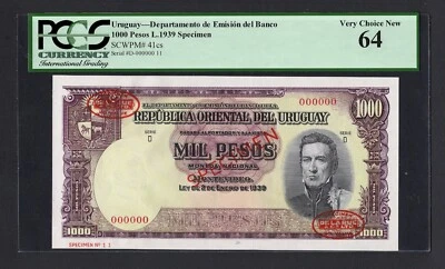 Uruguay 1000 Pesos 1939 P41cs "Specimen"  Uncirculated Grade 64 - Image 1 of 2