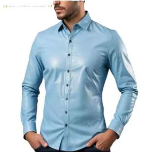 Men’s Blue Leather Shirt Real Lambskin Soft Slim Fit Style for Bold Looks Shirts - Picture 1 of 5