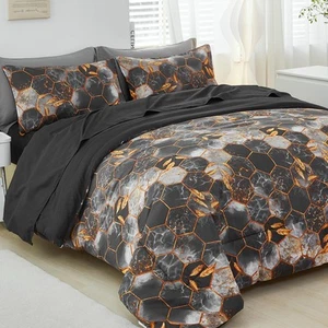 Black Grey Comforter Set Queen Size 5 Pieces Modern Style Geometric Hexagon G... - Picture 1 of 8