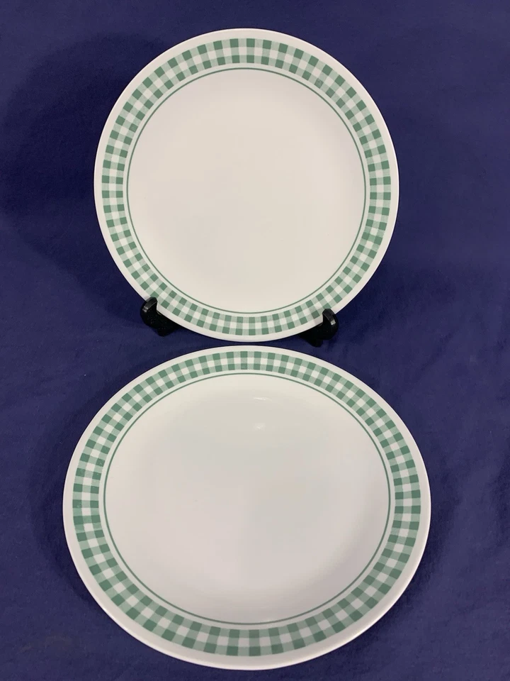 Set of 2 ~ 80's CORELLE GINGHAM HUNTER GREEN (Plaid) Dinner 10.5" Plates - Image 1 of 4