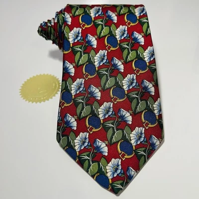 Vintage-New Cond. Burberrys Red Silk Tie w Green&Blue Floral 59x3.875” LNWOT - Image 1 of 4