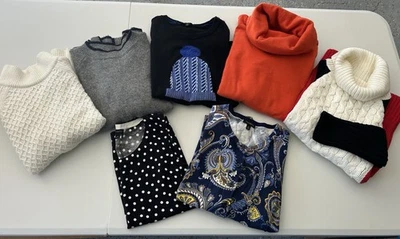 Talbots 女式蓝色象牙灰色冬季毛衣运动衫套装 7 XS X 小号二手状况完好 — 第 1/4 张图片